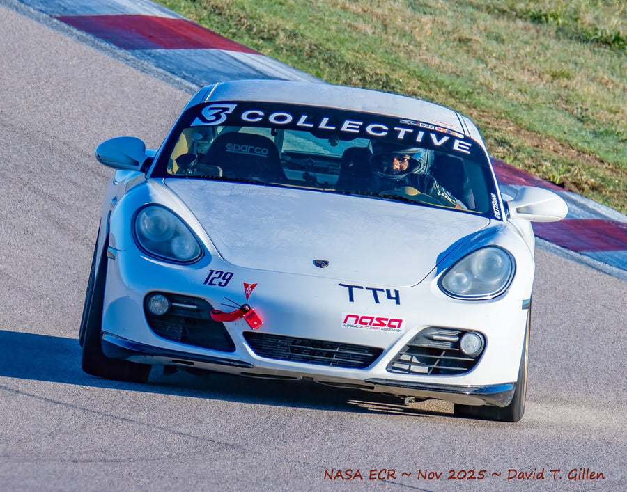 Roshan Vani driving Golf Ball, a white S Collective-built Porsche Cayman track car, during a Texas track event.